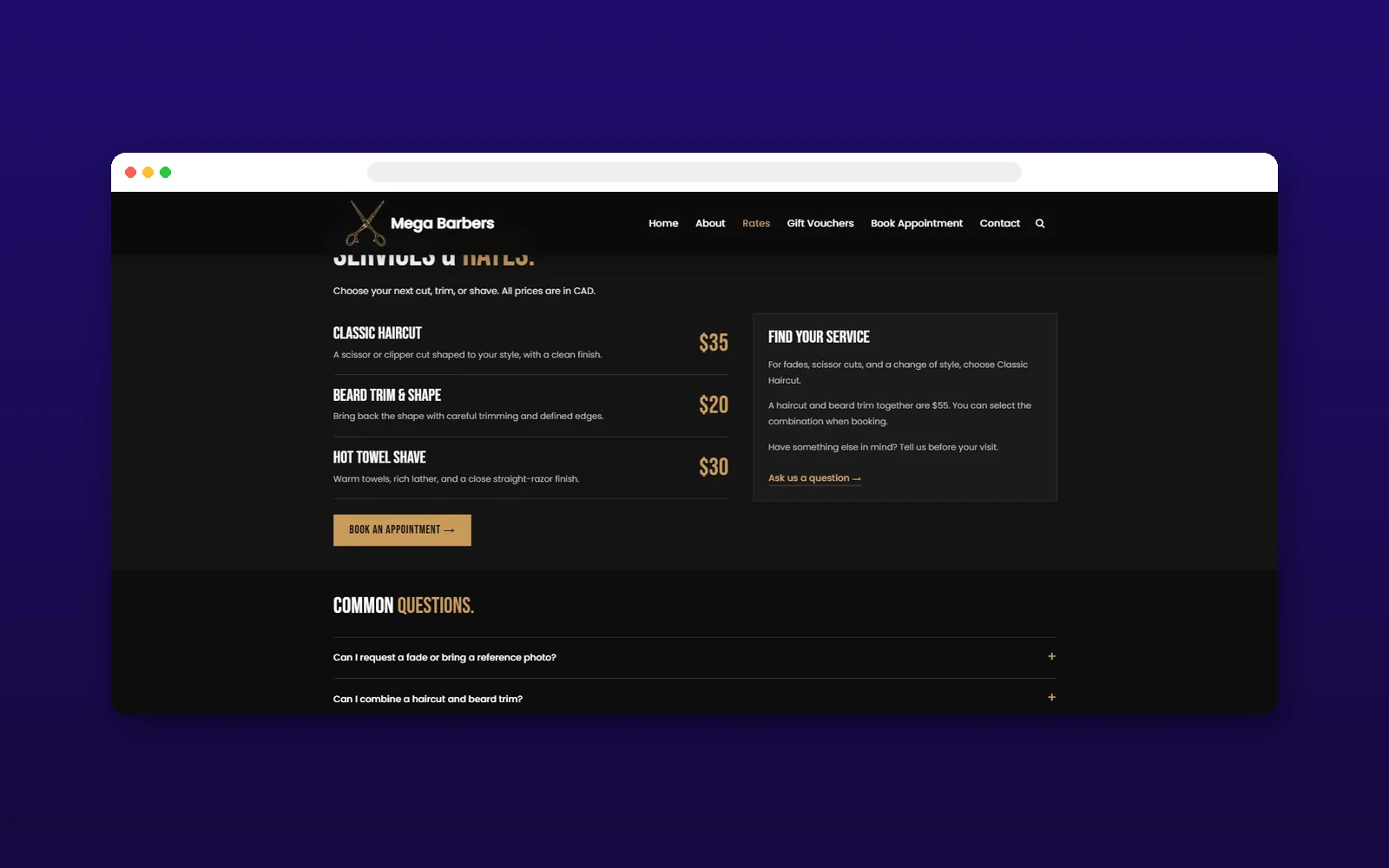 Mega Barbers rates page with pricing and service guidance